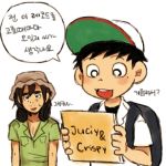  2boys backpack bag baseball_cap black_eyes black_hair bucket_hat employee_uniform facial_hair hat headphones headphones_around_neck katsumata_agetarou korean looking_down male_focus milk_(impermanent) mole mole_under_eye multiple_boys oiri_iori polo_shirt record smile stubble tonkatsu_dj_agetarou translation_request uniform 