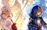  armor blonde_hair cloak couple dated dress english fleur_de_lis gloves granblue_fantasy highres hood hooded_cloak juliet_(granblue_fantasy) light_brown_hair nu_(dndnknkn) petals romeo_(granblue_fantasy) signature spirit tears tiara white_dress white_gloves william_shakespeare 