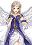  1girl aa_megami-sama belldandy blue_eyes brown_hair collar dress feathered_wings highres long_hair open_mouth seirei911 simple_background solo tattoo white_background white_wings wings 