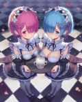  2girls apron artist_name black_ribbon black_shoes blue_eyes blue_hair blush breast_rest breasts cameo checkered checkered_floor cleavage detached_sleeves emilia_(re:zero) frilled_sleeves frills from_above full_body hair_ornament hair_over_one_eye hair_ribbon highres looking_at_viewer maid maid_headdress medium_breasts multiple_girls pink_eyes pink_hair pink_ribbon ram_(re:zero) re:zero_kara_hajimeru_isekai_seikatsu rem_(re:zero) ribbon ribbon_trim shoes short_hair siblings sinad_aruatjanapat small_breasts symmetry teapot tray twins underbust white_legwear x_hair_ornament 