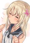  1girl absurdres blonde_hair blush close-up closed_eyes crop_top face flower hair_flower hair_ornament highres hoshimiya_nazuna incoming_kiss kantai_collection long_hair puckered_lips ro-500_(kantai_collection) sailor_collar simple_background solo tan translation_request upper_body 