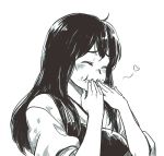  1girl akagi_(kantai_collection) closed_eyes eating food food_in_mouth food_on_face hatching_(texture) heart kantai_collection long_hair monochrome muneate shiori_lee_jeng smile solo upper_body 