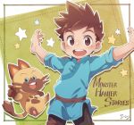  1boy arms_up brown_eyes brown_hair cat copyright_name cowboy_shot felyne floating keitomato looking_at_viewer male_focus monster_hunter monster_hunter_stories naville_(monster_hunter_stories) pointing pointing_at_viewer ryuuto_(monster_hunter_stories) signature smile spiky_hair star 