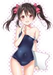  1girl :d bangs black_hair blush bow covered_navel cowboy_shot finger_to_cheek hair_between_eyes hair_bow kazunari_(kazyar) kickboard looking_at_viewer love_live! love_live!_school_idol_project navel one-piece_swimsuit open_mouth red_bow red_eyes school_swimsuit skin_tight smile solo standing strap_slip swimsuit twintails yazawa_nico 