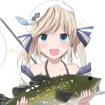  1girl bare_shoulders beret blonde_hair blue_eyes breasts cleavage coat commentary_request fish fishing_rod granblue_fantasy hair_ribbon hat highres kukuru_(granblue_fantasy) kuromu_(underporno) long_hair long_sleeves open_mouth ribbon skirt solo twintails 