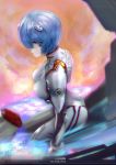  1girl artist_name ayanami_rei bangs blue_hair bodysuit bracer breasts closed_mouth cowboy_shot expressionless from_side gloves hair_between_eyes headgear impossible_bodysuit impossible_clothes looking_at_viewer medium_breasts neon_genesis_evangelion pilot_suit plugsuit red_eyes short_hair solo tecnomayro turtleneck 