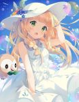  1girl bare_arms bird blonde_hair blue_sky bracelet braid bubble clouds d: day dress earrings eyebrows eyebrows_visible_through_hair flower flying forget-me-not_(flower) gem green_eyes hair_over_shoulder hand_on_headwear hat hat_flower hat_ribbon highres hitsukuya jewelry lillie_(pokemon) long_hair looking_at_viewer open_mouth petals poke_ball_theme pokemon pokemon_(creature) pokemon_(game) pokemon_sm ribbon rowlet sky sleeveless sleeveless_dress solo sparkle sun_hat sundress twin_braids white_dress white_hat wind wind_lift 