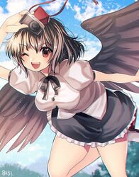  1girl bare_legs black_hair black_skirt black_wings blouse breasts camera chromatic_aberration flying geta hakusai_ponzu hat medium_breasts miniskirt one_eye_closed open_mouth puffy_short_sleeves puffy_sleeves red_eyes shameimaru_aya short_sleeves skirt smile tengu-geta tokin_hat touhou white_blouse wings 