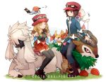  1boy 1girl anniversary bag black_hair black_legwear blonde_hair blue_eyes boots calme_(pokemon) copyright_name fennekin fletchling furfrou gogoat handbag happy inkay jacket long_hair pants pleated_skirt pokemon pokemon_(creature) pokemon_(game) pokemon_xy red_skirt serena_(pokemon) skirt sleeveless smile sunglasses sunglasses_on_head syerii thigh-highs 