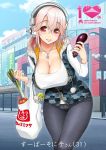  1girl blush breasts cleavage eggplant food headphones jewelry large_breasts long_hair looking_at_viewer nitroplus older open_mouth pink_hair red_eyes ring smile solo super_sonico tsuji_santa vegetable wedding_ring 