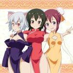  3girls alternate_costume animal_ears bare_shoulders black_hair breasts brown_hair bun_cover cato_(monocatienus) china_dress chinese_clothes cleavage cleavage_cutout cowboy_shot detached_sleeves double_bun dress elbow_gloves gloves grey_hair hand_on_another&#039;s_shoulder hand_on_hip himekaidou_hatate inubashiri_momiji looking_at_viewer medium_breasts multiple_girls open_mouth red_eyes shameimaru_aya short_hair side_slit small_breasts smile taut_clothes taut_dress thighs touhou v violet_eyes white_gloves wolf_ears 