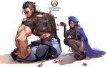 1boy 1girl absurdres ana_(overwatch) ass back beard beret black_hair blush coat facial_hair han-0v0 hat highres overwatch reinhardt_(overwatch) scar sitting smile squatting syringe thigh-highs torn_clothes younger 