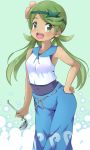  blue_pants cosplay covered_navel flower green_eyes green_hair hair_flower hair_ornament hand_on_hip headband highres ladle long_hair mallow_(pokemon) nekono_rin open_mouth pants pokemon pokemon_(game) pokemon_sm shirt sleeveless sleeveless_shirt smile suiren_(pokemon) suiren_(pokemon)_(cosplay) swimsuit swimsuit_under_clothes twintails 