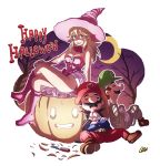  1girl 2boys :p adapted_costume alternate_costume arm_support bandages bat boots breasts brown_hair cape cleavage closed_eyes crescent_moon crossed_arms crossed_legs dress facial_hair halloween halloween_costume hand_on_own_knee happy_halloween hat highres knee_boots long_hair looking_at_viewer luigi mario super_mario_bros. moon multiple_boys mummy_(cosplay) mustache night night_sky onichan-xd open_mouth princess_peach pumpkin short_hair sitting sky sleeping smile super_mario_bros. tongue tongue_out vampire_costume 