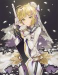  1girl ahoge belt blonde_hair blush bodysuit chain commentary_request dangmill fate/grand_order fate_(series) flower gloves green_eyes hair_bun hair_flower hair_ornament holding holding_sword holding_weapon lock looking_at_viewer saber_bride saber_extra seiza sitting solo sword veil weapon white_gloves 