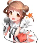  1girl boruhis brown_eyes brown_hair character_request double_bun gloves holding_microphone kantai_collection long_hair microphone open_mouth short_hair solo star white_gloves 