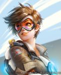  1girl 2015 artist_name bangs blue_sky bomber_jacket brown_eyes brown_hair brown_jacket collarbone dated ear_piercing eyelashes fur_trim goggles harness highres jacket lips looking_away nose nutthapon_petchthai overwatch piercing pink_lips portrait short_hair signature sky sleeves_rolled_up smile solo spiky_hair strap swept_bangs teeth tracer_(overwatch) union_jack upper_body 