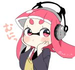  1girl amamiya_yuumu blush eyebrows headphones inkling necktie pink_eyes pink_hair pout splatoon tentacle_hair 