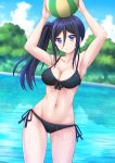  1girl alternate_hairstyle armpits arms_up ball beachball bikini black_bikini black_bow black_hair blue_eyes blue_sky blurry bow breasts cleavage closed_mouth clouds collarbone cowboy_shot day depth_of_field eyebrows eyebrows_visible_through_hair hair_between_eyes hair_up hibike!_euphonium highres holding_ball kazenokaze long_hair looking_at_viewer medium_breasts navel no_glasses outdoors reflection side-tie_bikini side_ponytail sky smile solo swimsuit tanaka_asuka tree wading water wet 