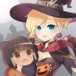  &gt;:o 2girls :o alternate_costume atobesakunolove black_gloves blonde_hair blue_eyes breasts brown_eyes brown_hair candy child cleavage dark_skin earrings eyes_visible_through_hair fangs gloves grey_background hair_tubes halloween halloween_costume hat highres jewelry looking_at_viewer medium_breasts mercy_(overwatch) multiple_girls open_mouth outstretched_arms overwatch paw_gloves pharah_(overwatch) short side_braids silhouette tongue tongue_out upper_body witch_hat witch_mercy younger 