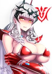  1girl aoiroenogu armor bikini bikini_armor blush breasts carmilla_(fate/grand_order) choker cleavage command_spell cosplay curly_hair elizabeth_bathory_(brave)_(fate) elizabeth_bathory_(brave)_(fate)_(cosplay) embarrassed fate/grand_order fate_(series) hand_on_own_arm headpiece lancer_(fate/extra_ccc) large_breasts long_hair pauldrons red_bikini signature silver_hair simple_background solo string_bikini swimsuit upper_body vambraces white_background white_cape yellow_eyes 