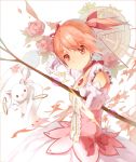  1girl arrow bow_(weapon) brown_eyes dress flower gloves hair_ribbon highres holding holding_weapon huanxiang_heitu kaname_madoka kyubey looking_at_viewer mahou_shoujo_madoka_magica pink_hair red_ribbon ribbon short_hair smile twintails weapon white_gloves 