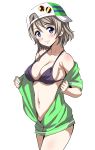  1girl bikini black_bikini blue_eyes body_blush breasts cleavage hat highres light_brown_hair looking_at_viewer love_live! love_live!_sunshine!! medium_breasts navel off_shoulder open_clothes open_shirt rozen5 shirt smile solo strap_gap swimsuit undressing watanabe_you 