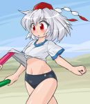  1girl blush buruma groin gym_uniform hat inubashiri_momiji red_eyes running sarashi shirt shirt_lift short_sleeves t-shirt tokin_hat touhou white_hair winn 