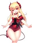  1girl bare_shoulders blonde_hair breasts covered_navel fang highres horns legs leotard long_hair mary_janes open_mouth original outstretched_arms papo pointy_ears red_eyes shoes small_breasts smile solo standing standing_on_one_leg tail 