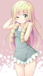  1girl :&lt; arms_up blonde_hair blush braid cosplay green_eyes highres lillie_(pokemon) long_hair mallow_(pokemon) mallow_(pokemon)_(cosplay) nekono_rin one_eye_closed overalls pokemon pokemon_(game) pokemon_sm shorts solo twin_braids 