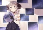  1girl ahoge black_gloves blue_eyes blush choker detached_sleeves dress gloves grey_hair hair_ornament hairpin horns looking_at_viewer moon nagitoki original ribbon short_hair sky solo star star_(sky) starry_sky 