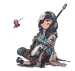  1boy 1girl ana_(overwatch) brown_eyes chibi dark_skin eyepatch facial_tattoo hood ieru1826 mccree_(overwatch) overwatch tattoo weapon 