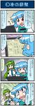  2girls 4koma artist_self-insert blue_eyes blue_hair breasts clenched_hand closed_eyes comic commentary_request detached_sleeves frog_hair_ornament green_hair hair_ornament hair_tubes hands_together heterochromia highres juliet_sleeves kochiya_sanae large_breasts long_sleeves mizuki_hitoshi monitor multiple_girls nontraditional_miko open_mouth puffy_sleeves red_eyes short_hair smile snake_hair_ornament surprised sweatdrop tatara_kogasa touhou translated vest wide_sleeves 