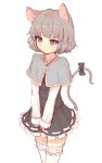  1girl animal_ears blush bow capelet grey_hair highres jewelry mouse_ears mouse_tail nazrin pendant red_eyes shone short_hair simple_background solo tail tail_bow thigh-highs touhou v_arms white_background white_legwear zettai_ryouiki 