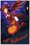  absurdres alternate_costume blonde_hair book breasts candy cleavage halloween halloween_costume hat highres jack-o&#039;-lantern looking_at_viewer mechanical_wings mercy_(overwatch) overwatch smile thigh-highs wallace_pires wings witch witch_hat 