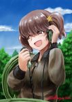  1girl abazu-red alisa_(girls_und_panzer) bangs brown_eyes brown_hair brown_jacket clouds cloudy_sky forest freckles girls_und_panzer hair_ornament hand_on_headphones headphones highres long_sleeves looking_to_the_side nature radio short_hair short_twintails signature sky smug solo star star_hair_ornament tank_turret twintails twitter_username 