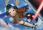 &gt;:o 1girl :o animal_ears black_hair blue_eyes brave_witches chiwa_(tsugumisky) fang flying glowing gun jacket kanno_naoe laser machine_gun neuroi outdoors scarf solo striker_unit weapon world_witches_series 