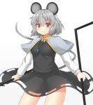  &gt;:) 1girl animal_ears arms_at_sides black_dress blush breasts capelet closed_mouth cowboy_shot dowsing_rod dress dual_wielding grey_hair highres jewelry long_sleeves looking_at_viewer medium_breasts mouse_ears mouse_tail nazrin pendant red_eyes solo tail touhou white_background yuu_(yu0221f) 