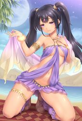  1girl arabian_clothes armlet bangle black_hair bracelet breasts desert full_moon half-closed_eyes jewelry kneeling light_smile long_hair moon navel ocean original sand-rain sasaame shawl solo tree twintails under_boob violet_eyes 