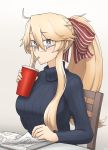  1girl alternate_costume alternate_hairstyle bespectacled blonde_hair blue_eyes blue_sweater breasts casual drinking drinking_straw from_side glasses hair_ribbon hamu_koutarou highres iowa_(kantai_collection) kantai_collection large_breasts long_hair looking_at_viewer ponytail ribbed_sweater ribbon sidelocks striped striped_ribbon sweater symbol-shaped_pupils upper_body very_long_hair 