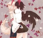  2girls animal_ears bird_wings black_hair black_skirt black_wings closed_eyes couple cowboy_shot detached_sleeves feathered_wings frilled_skirt frills from_side hat hug inubashiri_momiji kiss leaf maple_leaf multiple_girls nekoya_saki profile puffy_short_sleeves puffy_sleeves sarashi shameimaru_aya shirt short_hair short_sleeves skirt tail tokin_hat touhou white_hair white_shirt wings wolf_ears wolf_girl wolf_tail yuri 