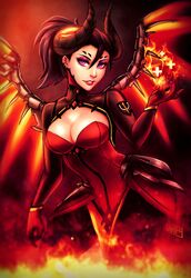  1girl alternate_costume breasts cleavage demon_girl devil_mercy horns iahfy large_breasts mechanical_wings mercy_(overwatch) overwatch smile solo violet_eyes wings 