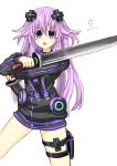  1girl 5555_96 absurdres adult_neptune d-pad hair_ornament highres hood jacket long_hair looking_at_viewer neptune_(series) purple_hair solo sword track_jacket violet_eyes weapon 