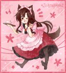  1girl animal_ears black_legwear blush brooch brown_hair dress highres imaizumi_kagerou jewelry kuroshiroduet long_sleeves nail_polish one_eye_closed open_mouth red_eyes red_nails solo tail thigh-highs touhou wolf_ears wolf_tail 