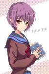  1girl blue_skirt book brown_eyes character_name from_side holding holding_book kantai_collection looking_at_viewer nagato_yuki purple_hair school_uniform short_hair skirt solo suzumiya_haruhi_no_yuuutsu taka-kun upper_body 