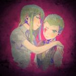  132_(asaka) 1boy 1girl blonde_hair blood blood_on_face brother_and_sister dangan_ronpa hands_on_another&#039;s_shoulders kuzuryuu_fuyuhiko kuzuryuu_natsumi long_hair looking_at_viewer necktie one_eye_closed parted_lips pink_background ribbon school_uniform siblings simple_background smile spoilers super_dangan_ronpa_2 upper_body waistcoat yellow_eyes yellow_necktie 