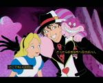  1boy 1girl alice_(wonderland) alice_in_wonderland animal animal_on_shoulder blonde_hair blue_eyes brown_eyes brown_hair cat cheshire_cat chromatic_aberration disney disneyland facial_mark fake_screenshot fedora formal grin hat jack_heart letterboxed long_hair official_style oreha00701 smile suit translation_request 