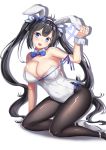  1girl :o alternate_costume animal_ears arm_up bangs bare_arms bare_shoulders black_hair blue_bow blue_bowtie blue_eyes bow bowtie breasts bunny_girl bunnysuit cenangam cleavage collarbone covered_navel detached_collar dungeon_ni_deai_wo_motomeru_no_wa_machigatteiru_darou_ka fake_animal_ears hair_ribbon hairband head_tilt heart hestia_(danmachi) high_heels highres kneeling large_breasts leaning_forward leotard long_hair looking_at_viewer open_mouth pantyhose pink_lips rabbit_ears rei_no_himo ribbon shoes strapless strapless_leotard twintails very_long_hair white_leotard white_ribbon white_shoes wrist_cuffs 