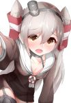  1girl amatsukaze_(kantai_collection) black_panties boruhis breasts brown_eyes cleavage collar collarbone dress_shirt garter_straps grey_hair hair_ornament heart heart-shaped_pupils kantai_collection long_hair open_mouth panties see-through shirt simple_background small_breasts solo symbol-shaped_pupils underwear white_background 