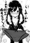 1girl absurdres arm_warmers asashio_(kantai_collection) blush commentary_request embarrassed enatsu greyscale highres kantai_collection long_hair looking_at_viewer monochrome open_mouth school_uniform skirt smile solo suspender_skirt suspenders translation_request underwear
